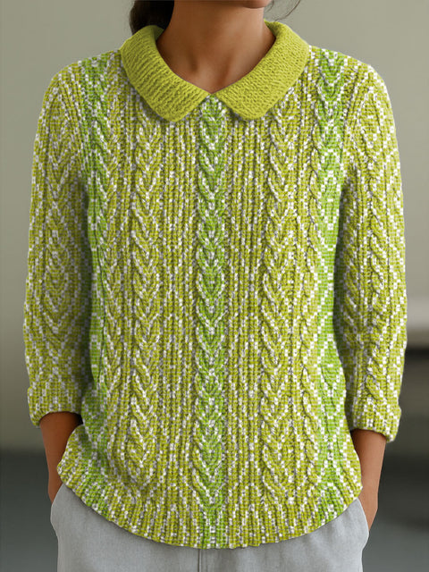 Women's Bright Lemon Lime Greens and White Casual Peter Pan Collar 3/4 Sleeve Sweater