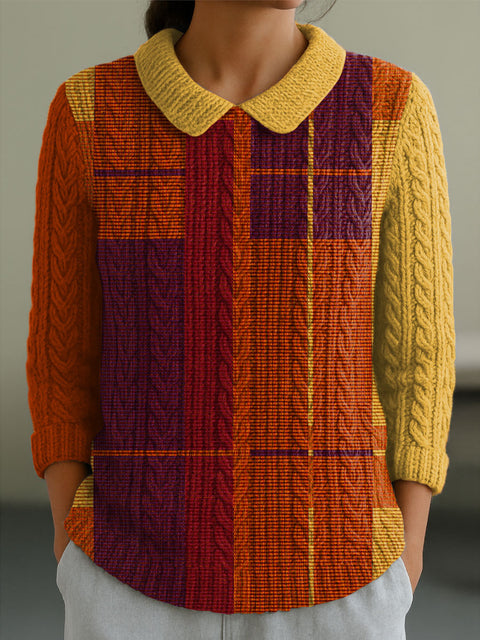 Women's Deep Orange Burgundy Gold and Red Casual Peter Pan Collar 3/4 Sleeve Sweater