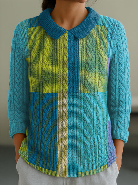 Women's Geometric Color Splicing Casual Peter Pan Collar 3/4 Sleeve Sweater