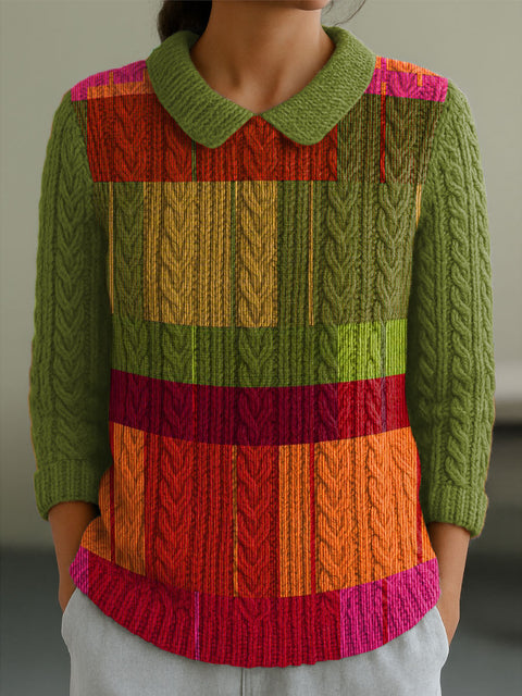 Women's Geometric Color Splicing Casual Peter Pan Collar 3/4 Sleeve Sweater