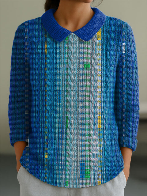 Women's Blue Moon Geometric Color Splicing Casual Peter Pan Collar 3/4 Sleeve Sweater