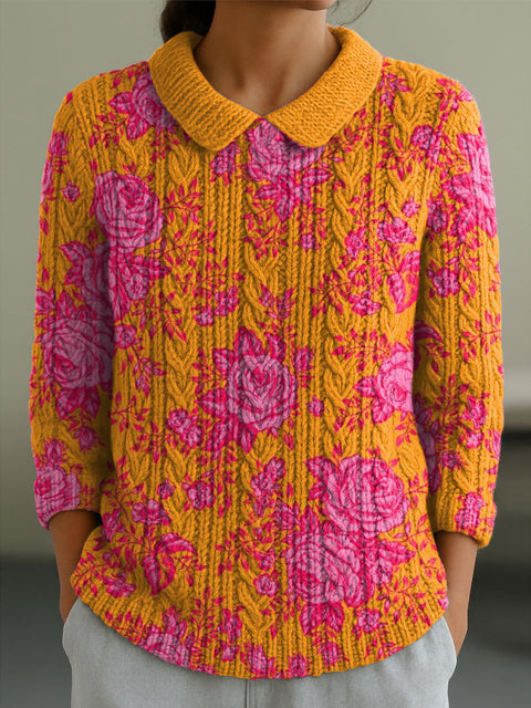 Women's Flowers Casual Peter Pan Collar 3/4 Sleeve Sweater