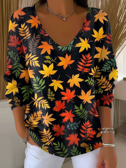 Women's Autumn Leaves Orange Casual Print Pullover Sweater