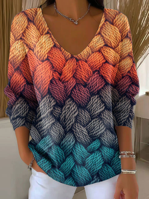 Women's Gradient Orange Casual Print Pullover Sweater