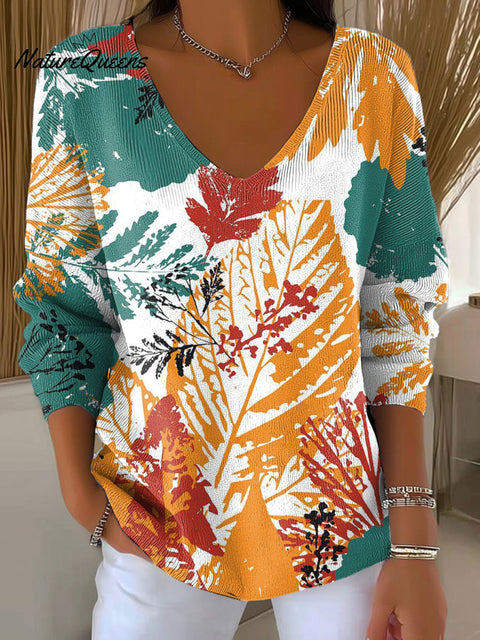 Women's Autumn Leaves Orange Casual Print Pullover Sweater