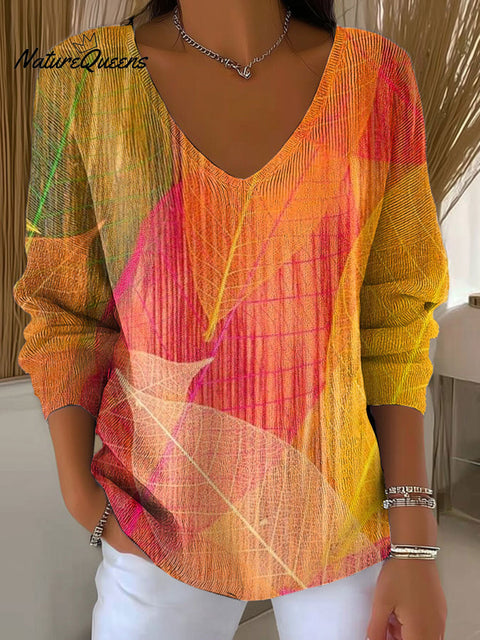 Women's Autumn Leaves Orange Casual Print Pullover Sweater