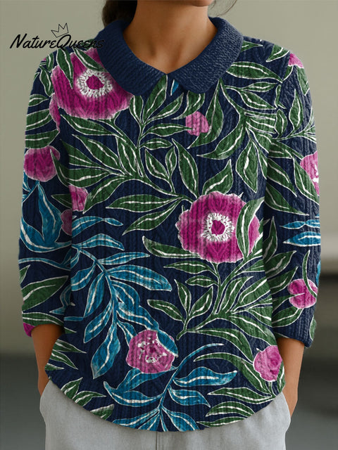 Women's Flowers Casual Peter Pan Collar 3/4 Sleeve Sweater