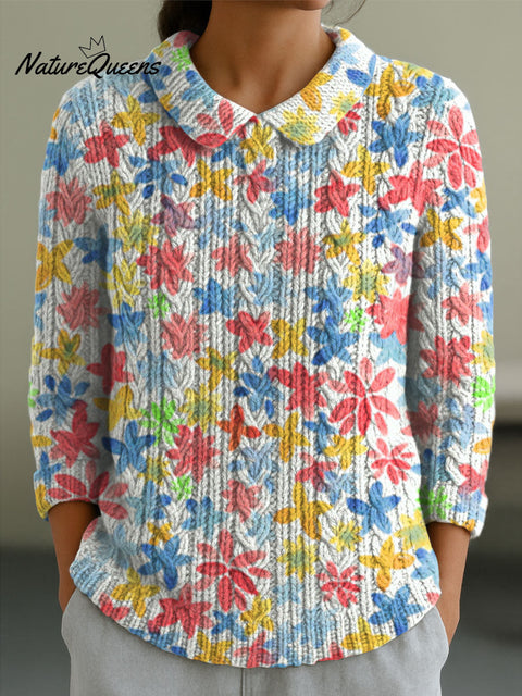 Women's Flowers Casual Peter Pan Collar 3/4 Sleeve Sweater