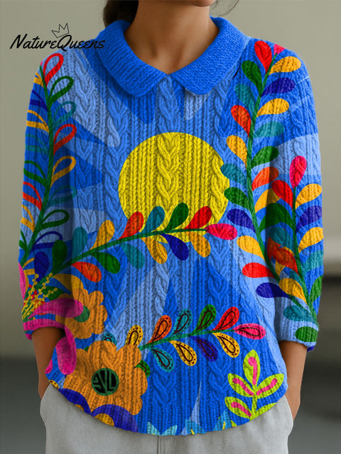 Women's Flowers Casual Peter Pan Collar 3/4 Sleeve Sweater