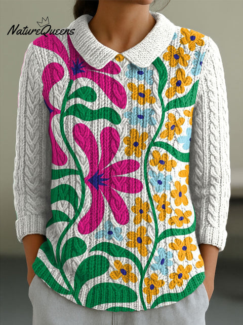 Women's Flowers Casual Peter Pan Collar 3/4 Sleeve Sweater