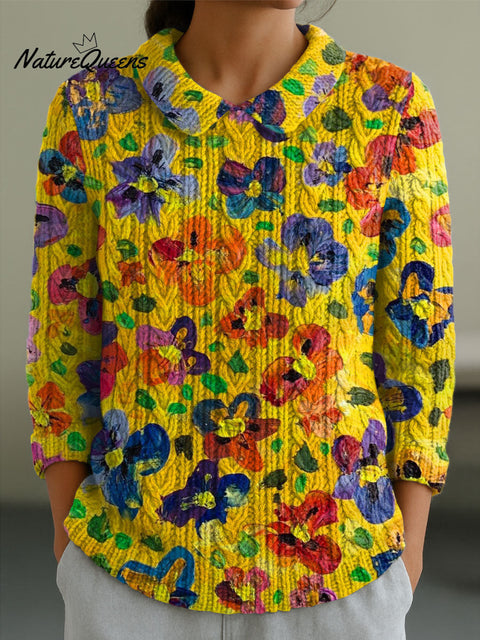 Women's Flowers Casual Peter Pan Collar 3/4 Sleeve Sweater