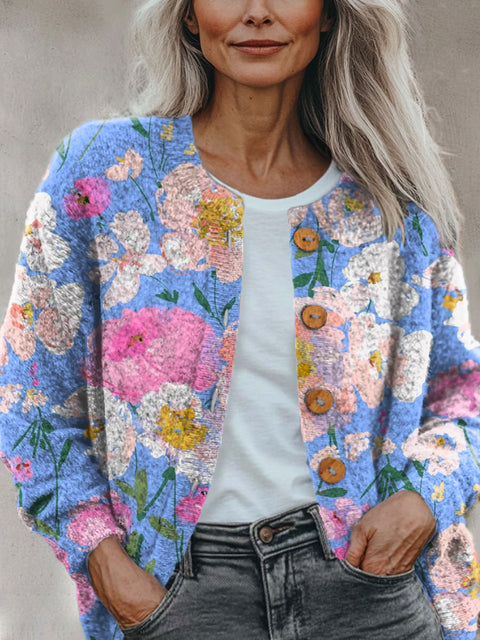 Flowers Casual Print Buttoned Cardigan Sweater