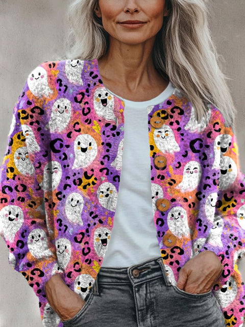 Halloween Ghost Casual Print Buttoned Cardigan Sweater