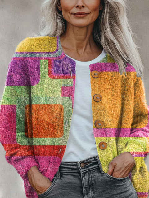 Geometry Splicing Color Casual Print Buttoned Cardigan Sweater