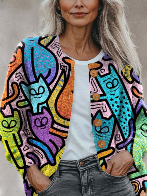 Geometry Colors Cat Casual Print Buttoned Cardigan Sweater