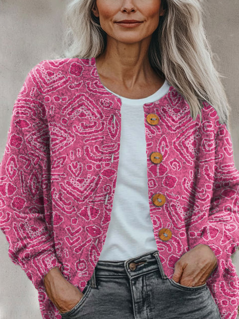 Pink Casual Print Buttoned Cardigan Sweater