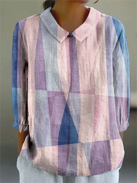 Women's Geometry Colors Abstract Art Print Casual Cotton And Linen 3/4 Sleeve Shirt