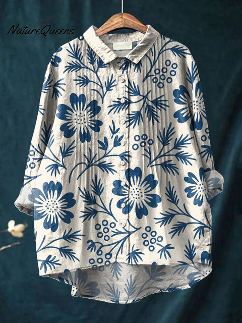 Women's Simple Floral Pattern Art Print Casual Cotton And Linen Ruffle Shirt