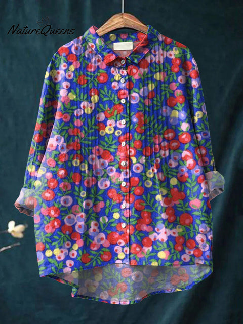 Women's Simple Floral Pattern Art Print Casual Cotton And Linen Ruffle Shirt