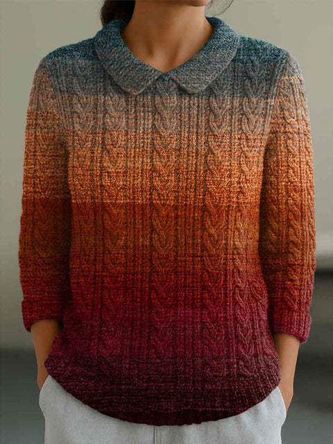 Women's Autumn Gradient Striped Casual Peter Pan Collar 3/4 Sleeve Sweater