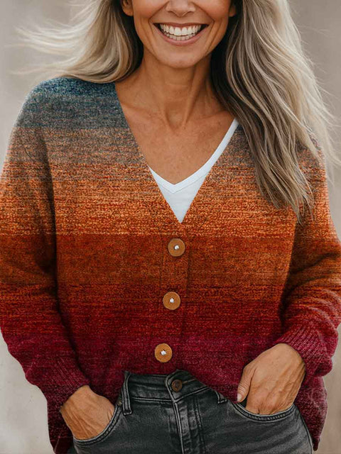 Autumn Gradient Striped Print Buttoned V-neck Cardigan Sweater