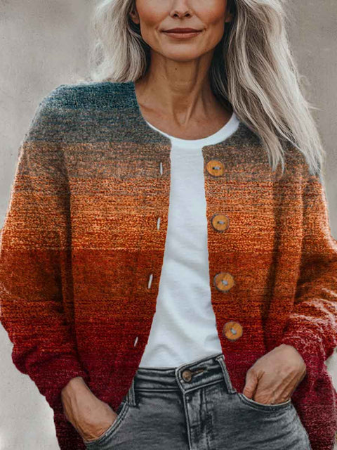 Autumn Gradient Striped Print Buttoned Cardigan Sweater