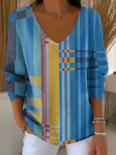 Women's Blue Geometric Color Splicing Casual Pullover Sweater