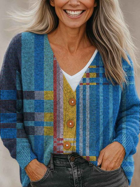 Blue Geometric Color Splicing Print Buttoned V-neck Cardigan Sweater