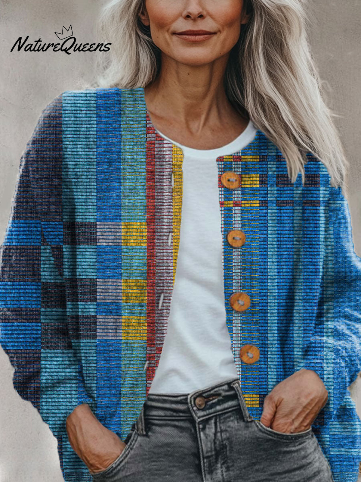 Blue Geometric Color Splicing Print Buttoned Cardigan Sweater