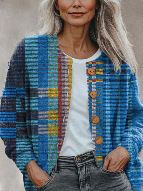 Blue Geometric Color Splicing Print Buttoned Cardigan Sweater