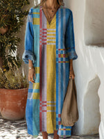 Women's Blue Geometric Color Splicing Art Print Dress