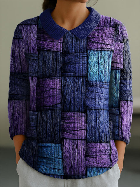 Women's Geometric Color Contrast Splicing Abstract Casual Print Peter Pan Collar 3/4 Sleeve Sweater