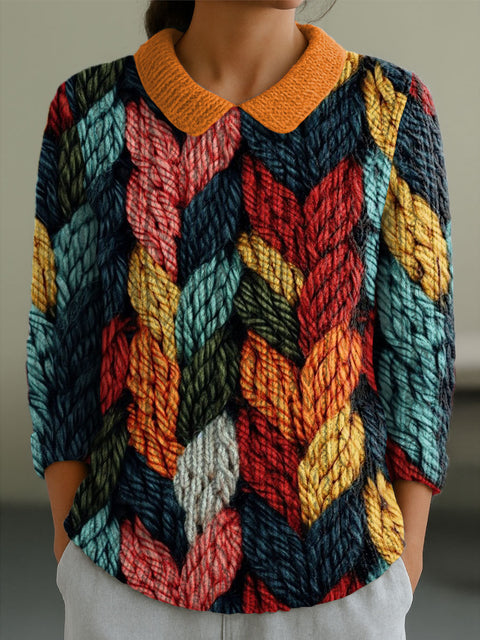 Women's Geometric Color Contrast Splicing Abstract Casual Print Peter Pan Collar 3/4 Sleeve Sweater