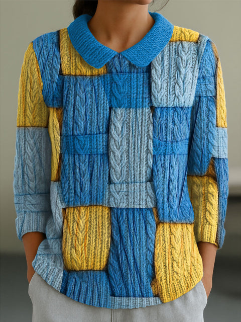 Women's Geometric Color Contrast Splicing Abstract Casual Print Peter Pan Collar 3/4 Sleeve Sweater