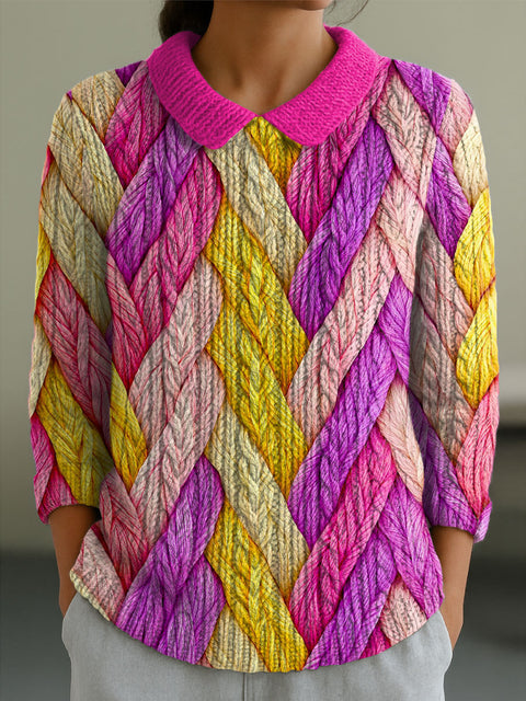 Women's Geometric Color Contrast Splicing Abstract Casual Print Peter Pan Collar 3/4 Sleeve Sweater