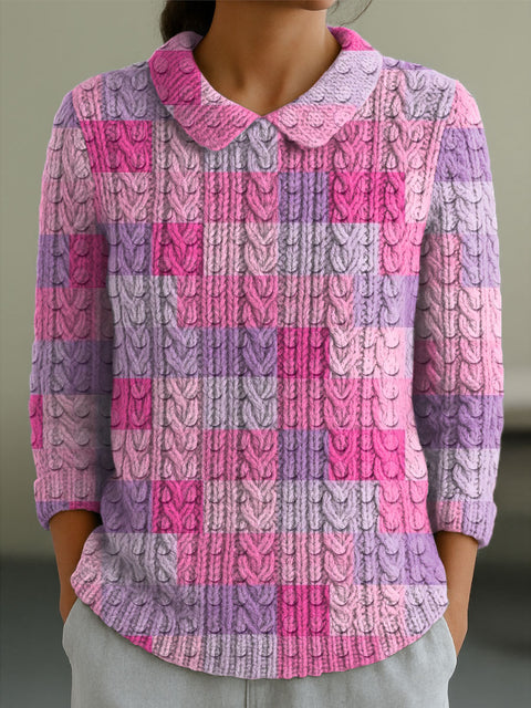Women's Geometric Color Contrast Splicing Abstract Casual Print Peter Pan Collar 3/4 Sleeve Sweater