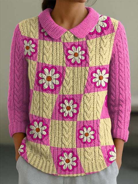 Women's Geometric Flowers Color Contrast Splicing Abstract Casual Print Peter Pan Collar 3/4 Sleeve Sweater