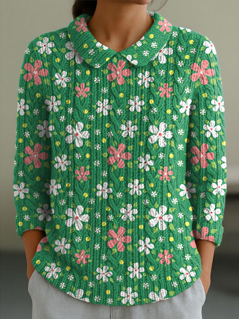 Women's Flowers Abstract Casual Print Peter Pan Collar 3/4 Sleeve Sweater