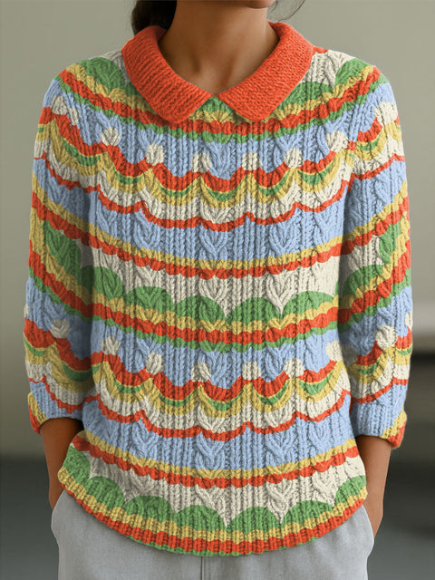 Women's Geometric Color Contrast Splicing Abstract Casual Print Peter Pan Collar 3/4 Sleeve Sweater