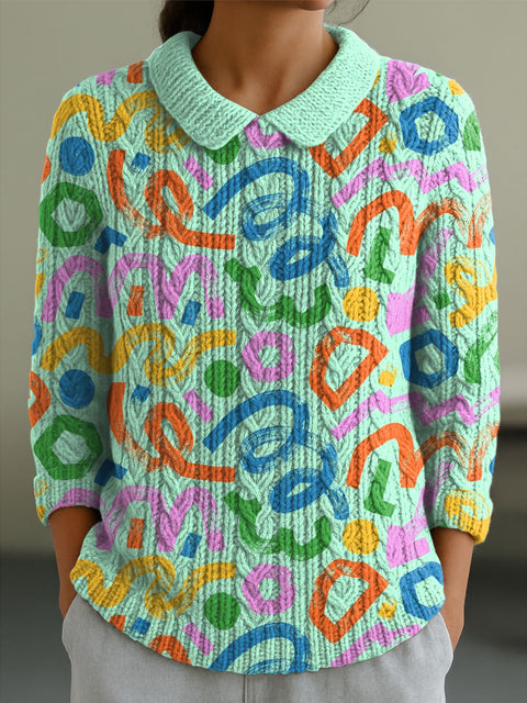 Women's Geometric Color Contrast Splicing Abstract Casual Print Peter Pan Collar 3/4 Sleeve Sweater