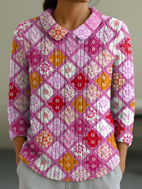 Women's Geometric Flowers Color Contrast Splicing Abstract Casual Print Peter Pan Collar 3/4 Sleeve Sweater