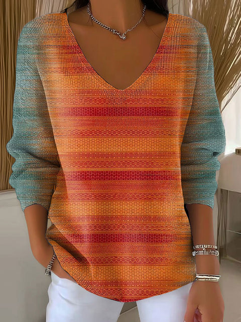 Women's Autumn Gradient Striped Casual Pullover Sweater