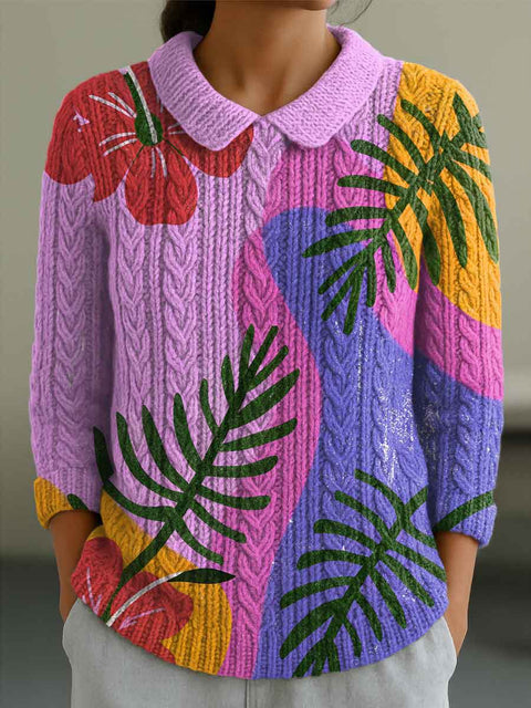 Women's Contrast Color Stitching Flowers Casual Print Peter Pan Collar 3/4 Sleeve Sweater