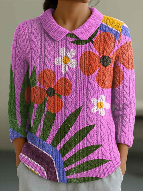 Women's Contrast Color Stitching Flowers Casual Print Peter Pan Collar 3/4 Sleeve Sweater