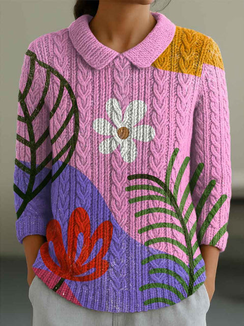 Women's Contrast Color Stitching Flowers Casual Print Peter Pan Collar 3/4 Sleeve Sweater