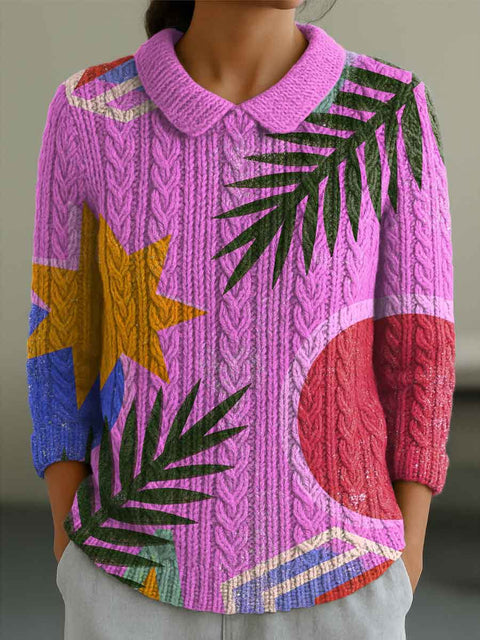Women's Contrast Color Stitching Flowers Casual Print Peter Pan Collar 3/4 Sleeve Sweater