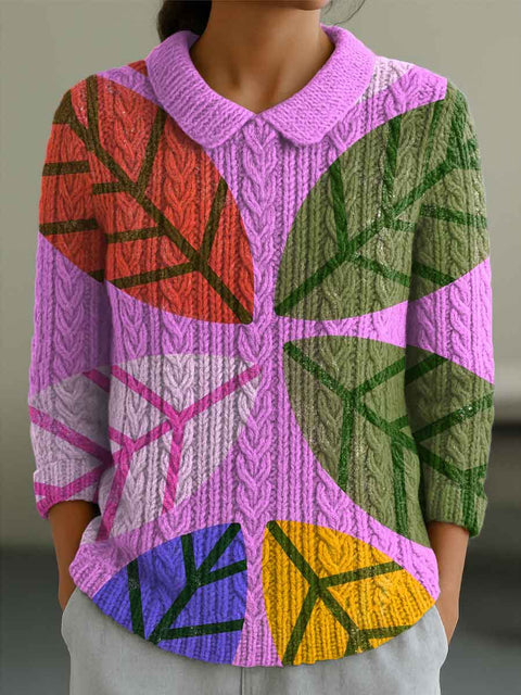 Women's Contrast Color Stitching Flowers Casual Print Peter Pan Collar 3/4 Sleeve Sweater