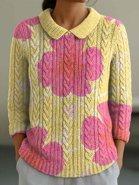 Women's Flowers Casual Print Peter Pan Collar 3/4 Sleeve Sweater