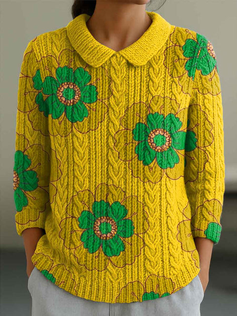 Women's Flowers Casual Print Peter Pan Collar 3/4 Sleeve Sweater