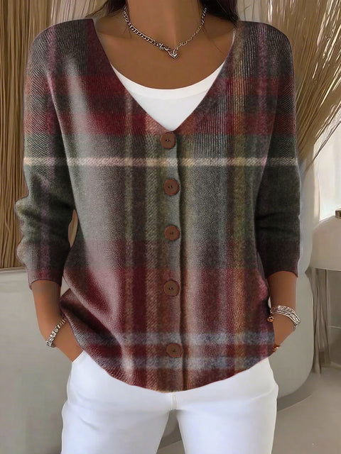 Retro Plaid Pattern Print Buttoned V-neck Cardigan Sweater